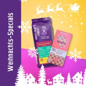 Fairer Weihnachtsgenuss: Fairtrade Arabica Kaffee & 70% Zartbitterschokolade mit Kakaosplitter bio & vegan