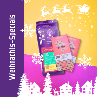 Fairer Weihnachtsgenuss: Fairtrade Arabica Kaffee & 70% Zartbitterschokolade mit Kakaosplitter bio & vegan