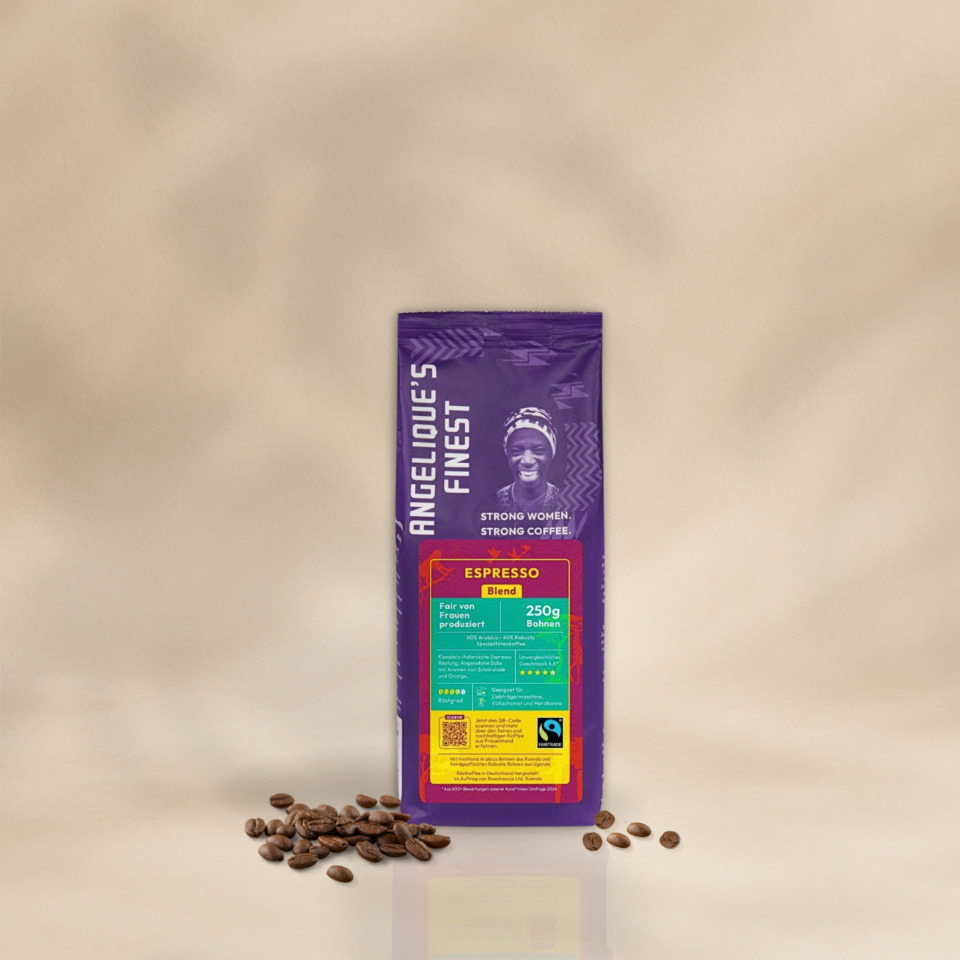 Angelique's Finest Fairtrade Espresso Blend mit Arabica und Robusta Bohnen.