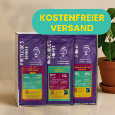 Drei Kaffeepackungen im Paket Angelique's Finest Probierpaket gemahlen mit Grünpflanze. Jetzt versandkostenfrei.