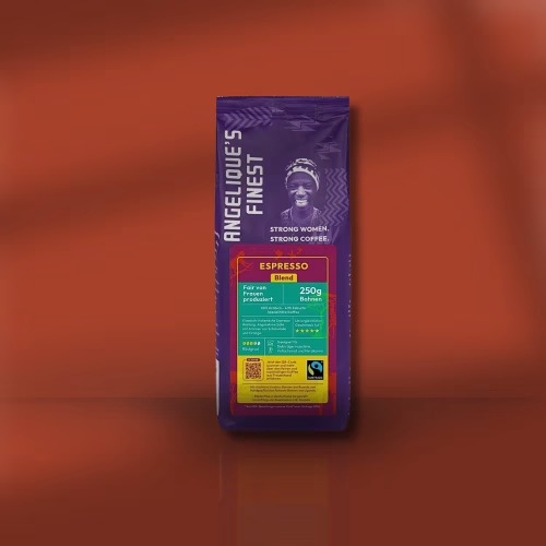 Angelique_s-Finest-Espresso-Blend-Bohne-250g-Kaffeepackung Angelique's Finest Fairtrade Espresso Blend in der 250g Packung.