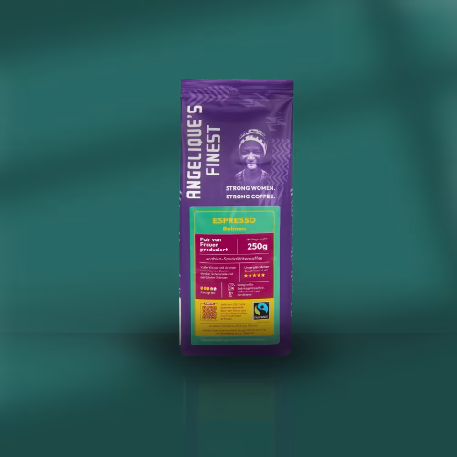 Angelique_s-Finest-Espresso-Bohne-250g-Kaffeepackung Angelique's Finest Fairtrade Espresso in der 250g Packung.