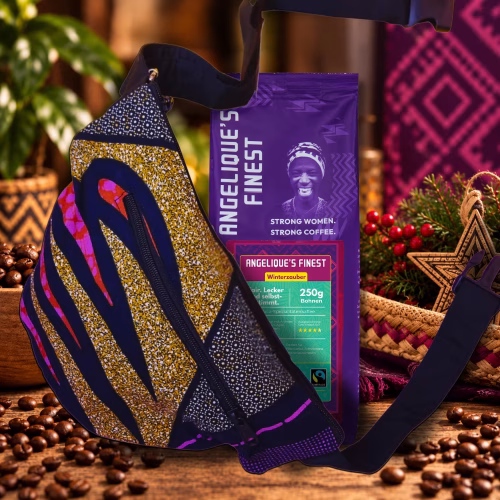 Handgenähte Bauchtasche im afrikanischen Muster mit einem Päckchen Kaffee