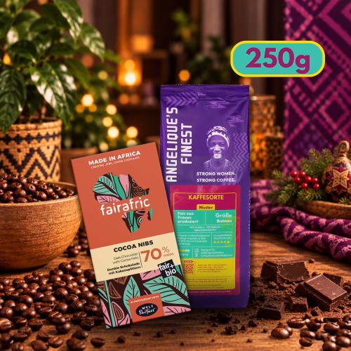 Vorschaubild-Angelique_s-Finest-250g-Fairtrade-Kaffee-aus-Frauenhand-mit-Fairafric-70_-Zartbittersch XMAS-Genuss-Set: Fairtrade Specialty Coffee & 70% Cacao-Nibs-Schokolade
